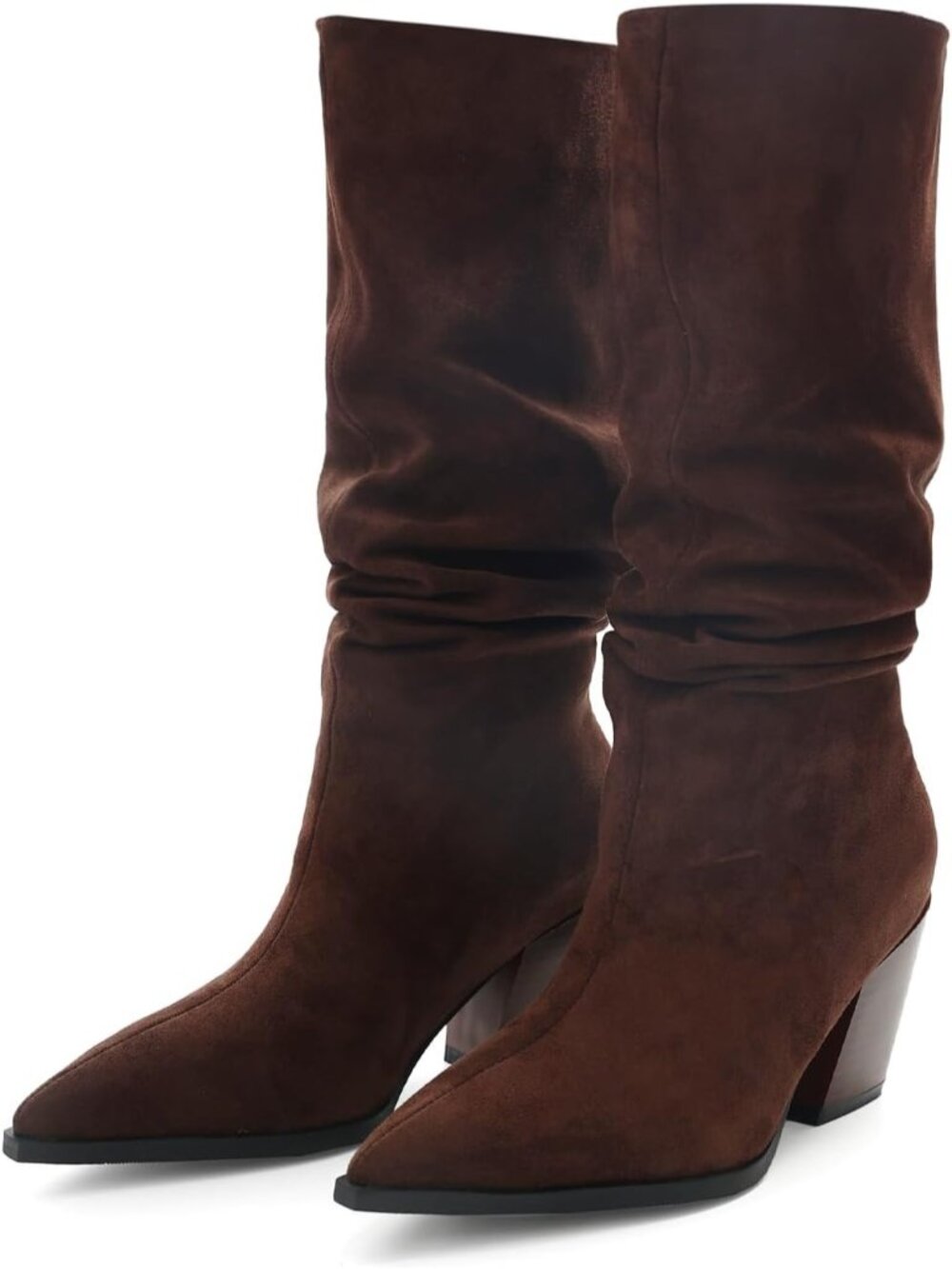 Women's Brown Faux Suede Pointed Toe Block Straight Shaft Heel Dress Boots